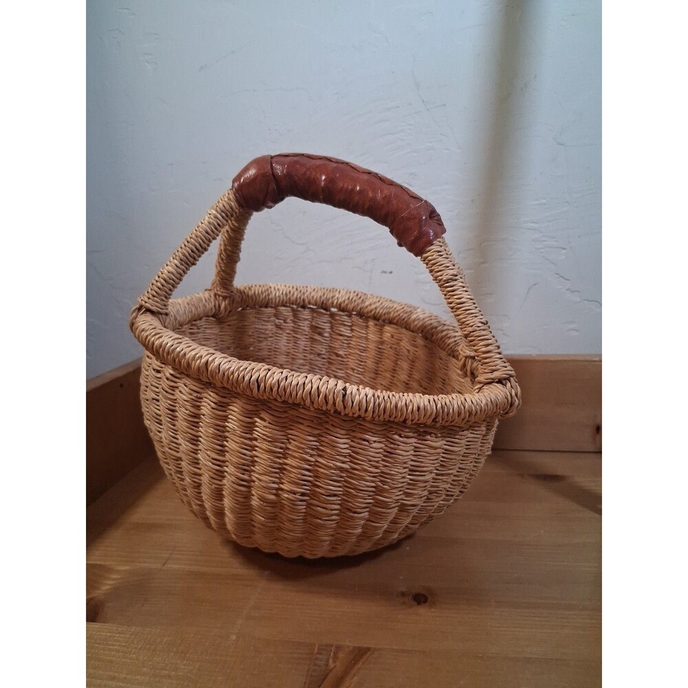 Hand Crafted Basket Leather Handle Bolga Basket Ghana 9x7.5 Approximately